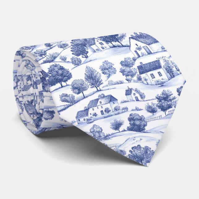 Blaue französische Toile-Landschaftsmuster Krawatte (Gerollt)