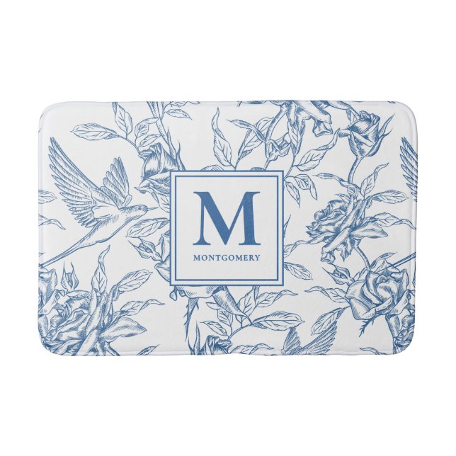 Blaue französische Toile Monogramm Name Badematte (Vorderseite)