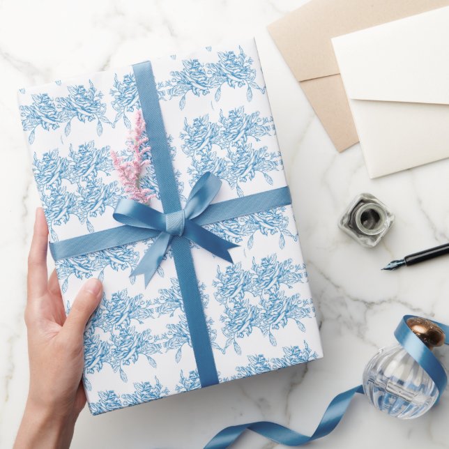 Blaue französische Toile-Muster Geschenkpapier (Schenken)
