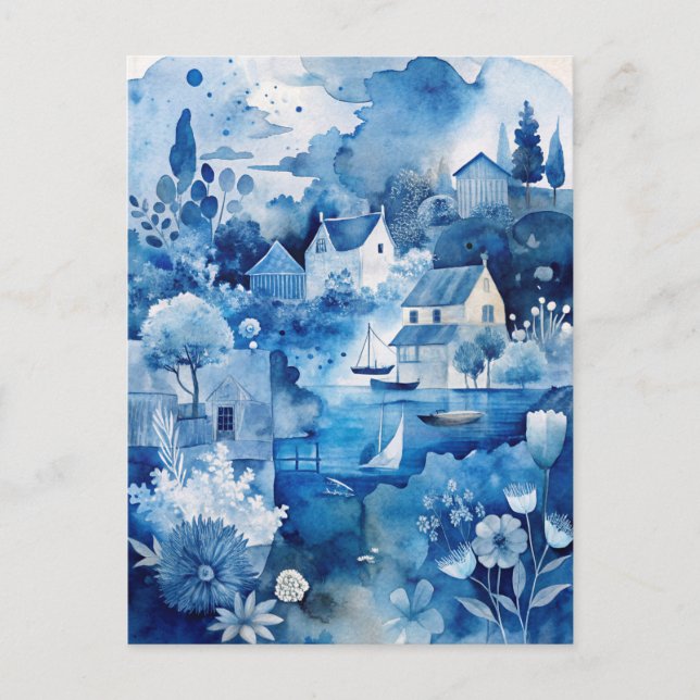 Blaue friedliche Küsten-Strandhäuschen  Postkarte (Vorderseite)