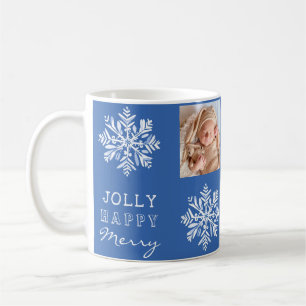 Blaue fröhliche Weihnachts-Schneeflocken-Foto-Weih Kaffeetasse