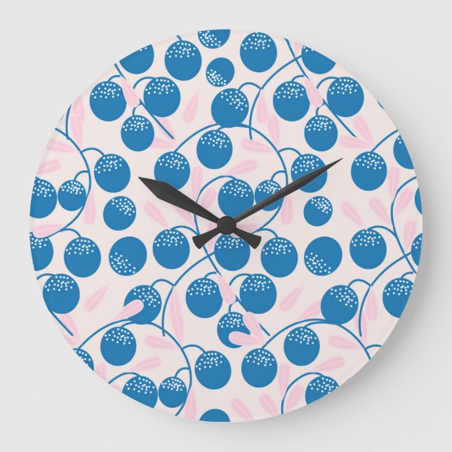 Blaue Früchte, rosa Blätter, nahtloses Design. Große Wanduhr (Vorderseite)