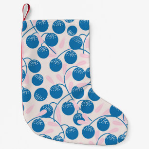 Blaue Früchte, rosa Blätter, nahtloses Design. Kleiner Weihnachtsstrumpf