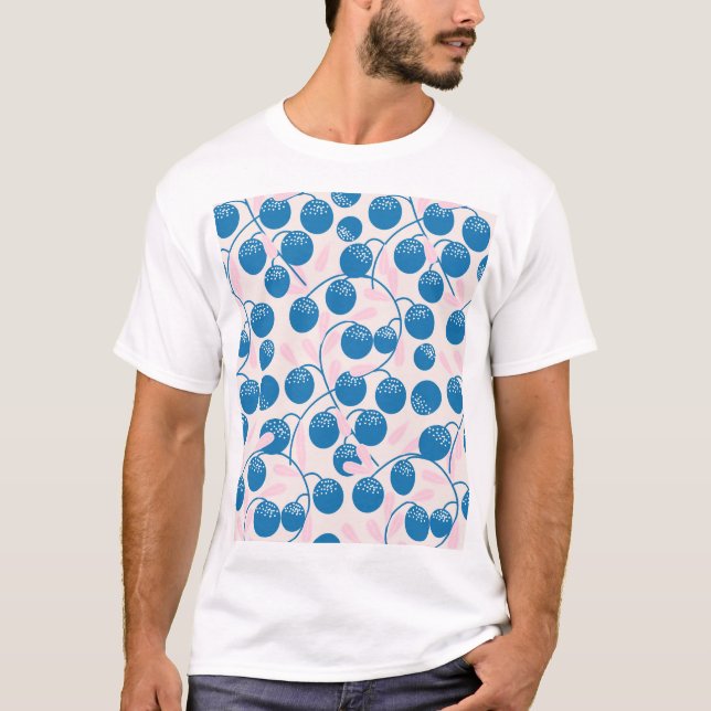 Blaue Früchte, rosa Blätter, nahtloses Design. T-Shirt (Vorderseite)