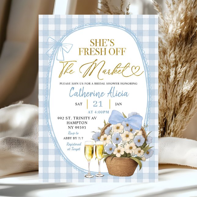 Blaue Frühlingsblumen-Gingham-Coquette-Brautparty Einladung (Von Creator hochgeladen)