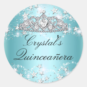 Blaue Funkel-Tiara- und Sterne-Quinceanera-Aufkleb Runder Aufkleber