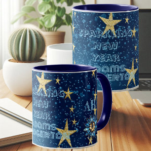 Blaue funkelnde Neujahrs-Glitzersterne Florale Par Tasse