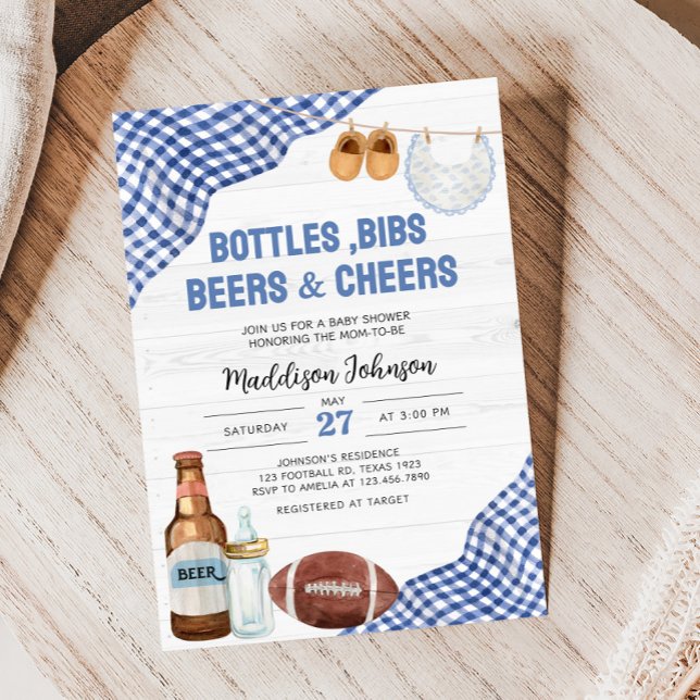 Blaue Fußball-Baby-Party Einladung (Bottles, Bibs, Beers & Cheers Baby Shower Invitation)