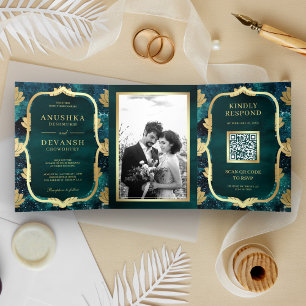 Blaue Galaxie Gold Lotus QR Code Indische Hochzeit Dreifach Gefaltete Einladung