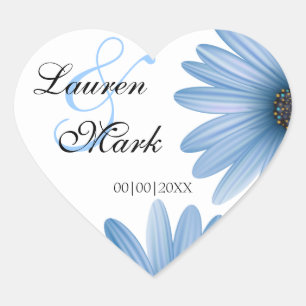 Blaue Gänseblümchen-Save-the-Date Herz-Aufkleber