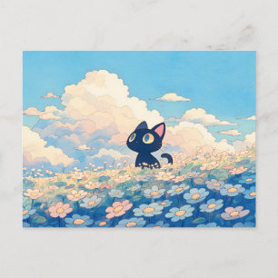 Blaue Gänseblümchenwiese Kawaii Schwarze Katze Postkarte