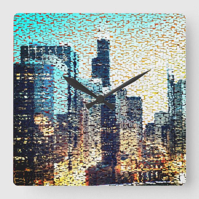 Blaue Gebäude im Mosaikstil mit Relief Quadratische Wanduhr (Vorderseite)