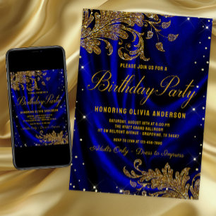 Blaue Geburtstagseinladung für Frauen mit goldenem Einladung