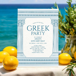 Blaue Geburtstagsparty-Einladung mit griechischem Einladung