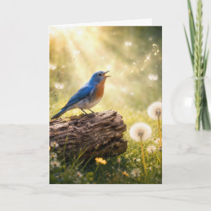 Blaue Geburtstagsvogel singt im Sonnenschein Karte