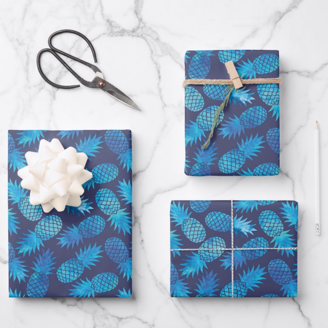 Blaue Gefärbte Krawatte Ananas Geschenkpapier Set (Vorderseite)