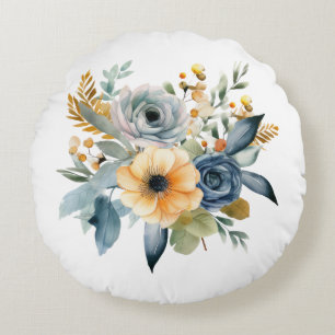 Blaue Gelbe Aquarell-Blumen Wildblumen Botanisch Rundes Kissen