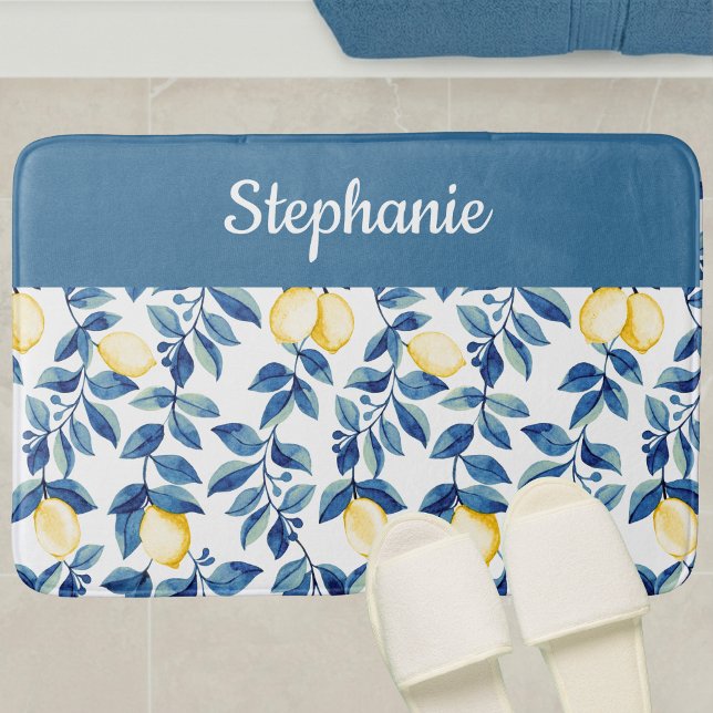 Blaue Gelbe Aquarell-Limonen-Monogramm Badematte (Von Creator hochgeladen)