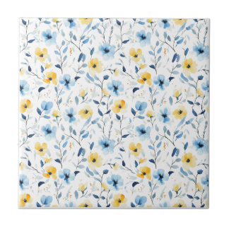 Blaue Gelbe Aquarell-Wildblume Fliese