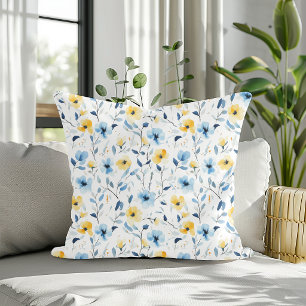 Blaue Gelbe Aquarell-Wildblume Kissen