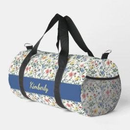Blaue Gelbe Aquarell-Wildblumen-Monogramm-Name Duffle Bag