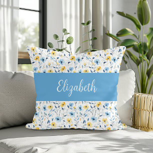 Blaue Gelbe Aquarell-Wildblumen-Monogramm-Name Kissen