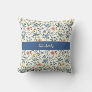 Blaue Gelbe Aquarell-Wildblumen-Monogramm-Name Kissen