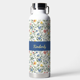 Blaue Gelbe Aquarell-Wildblumen-Monogramm-Name Trinkflasche