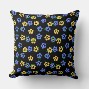 Blaue gelbe Blumen auf schwarzem Hintergrund Retro Kissen