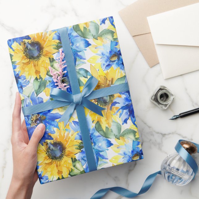 Blaue Gelbe Blumen Brautparty Geschenkpapier (Schenken)