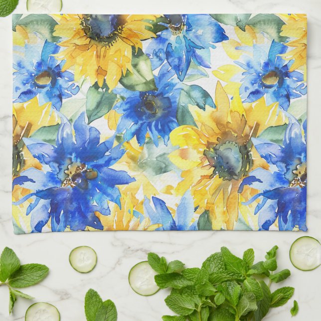 Blaue Gelbe Blumen  Geschirrtuch (Gefaltet)