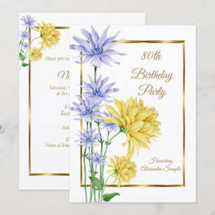 Blaue gelbe Blumen Goldene Geburtstagseinladung Einladung