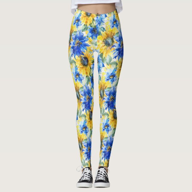 Blaue gelbe Blumen Leggings (Vorderseite)