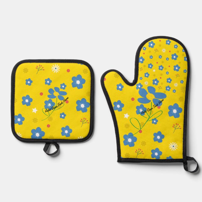 Blaue gelbe Blumen Ofenhandschuh & Topflappen-Set (Vorderseite)
