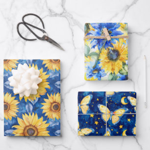Blaue gelbe Blumen Schmetterlinge zum Geburtstag Geschenkpapier Set