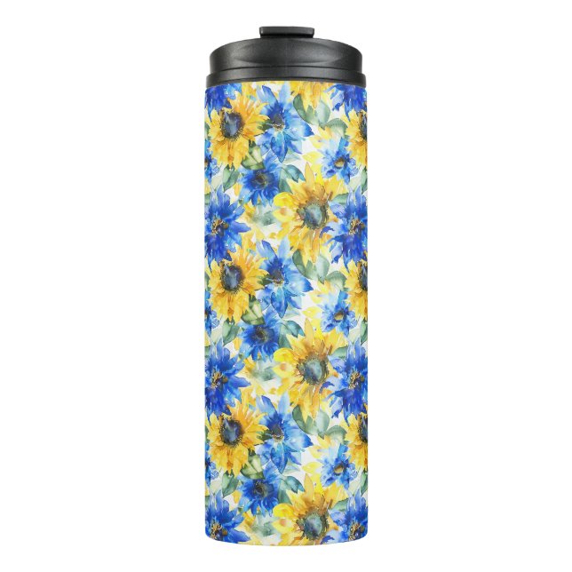 Blaue gelbe Blumen Thermosbecher (Vorderseite)
