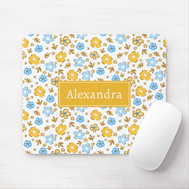 Blaue Gelbe Frühlings-Blumen-Monogramm Mousepad (Mit Mouse)