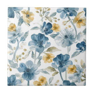 Blaue Gelbe Garten Blumen Botanisches Muster Fliese