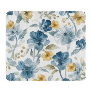 Blaue Gelbe Gartenblumen Botanisches Muster Schneidebrett