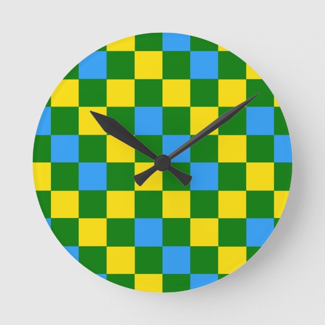 Blaue Gelbe Grüne Karomuster Gestaltung  Runde Wanduhr (Vorderseite)