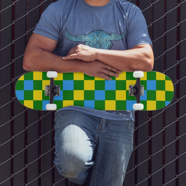 Blaue Gelbe Grüne Karomuster Gestaltung  Skateboard (Außenbereich 3)