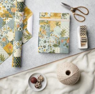 Blaue Gelbe Grüne Quilt Gingham Cottagecore Blumen Geschenkpapier