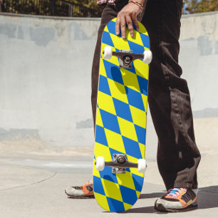 Blaue Gelbe Harlekin Karomuster Skateboard