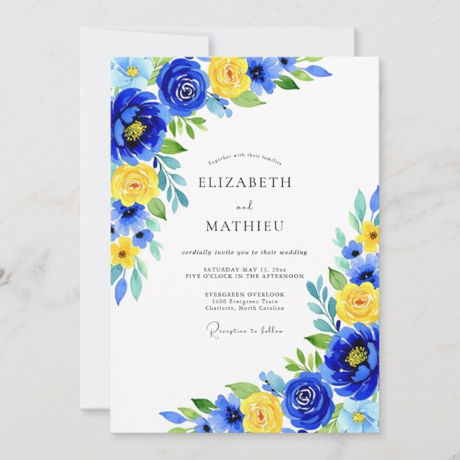 Blaue Gelbe Hochzeitsblumen Einladung (Vorderseite)