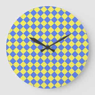 Blaue Gelbe Karo-Diamant-Muster Große Wanduhr