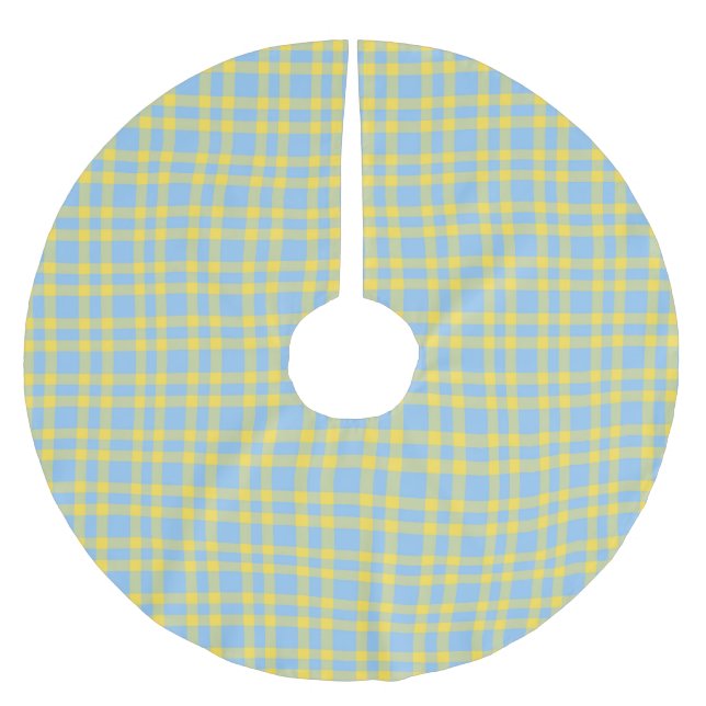 Blaue Gelbe Karo-Muster Polyester Weihnachtsbaumdecke (Vorderseite)