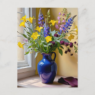 Blaue Gelbe Lila Blüten Kunst Postkarte