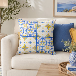 Blaue gelbe mediterrane Fliesen-Patchwork  Kissen