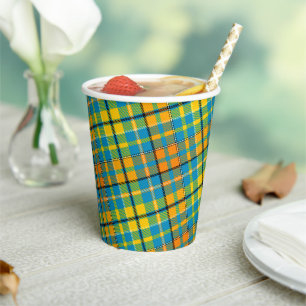 Blaue Gelbe Orange Karierte Tartan-Design Pappbecher