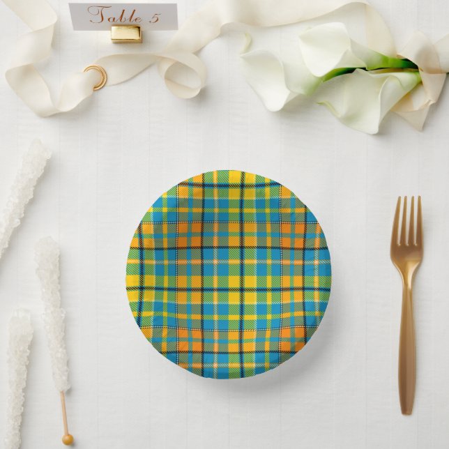 Blaue Gelbe Orange Karierte Tartan-Design  Pappteller (Hochzeit)